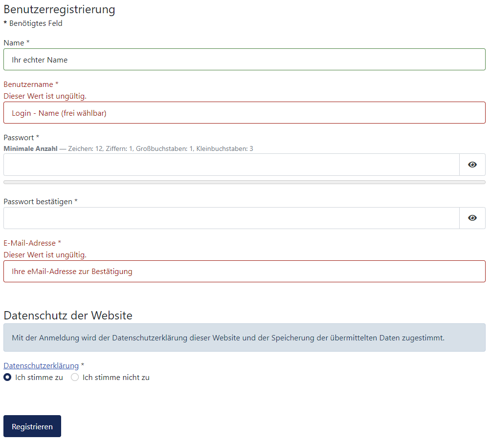 Bild von der Registierungsseite